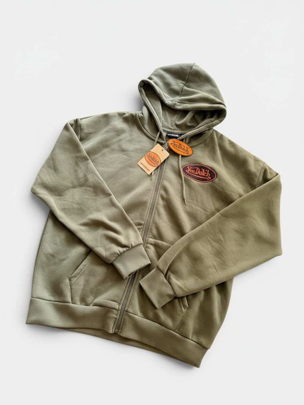 Von Dutch Full Zip Hoodie NWT Olive Green Embroidered Logo Front & Back Men’s M